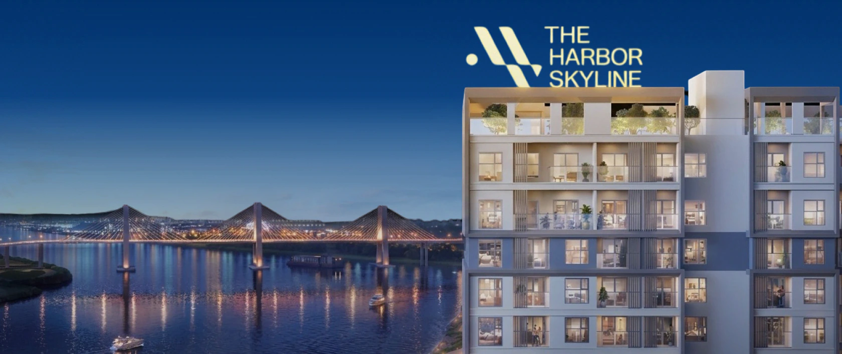 Phối cảnh tòa nhà The Harbor Skyline và cầu qua sông về đêm